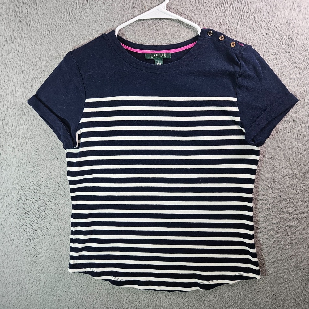 Lauren‎ Ralph Lauren Top Women Large Short Sleeve Navy White Striped